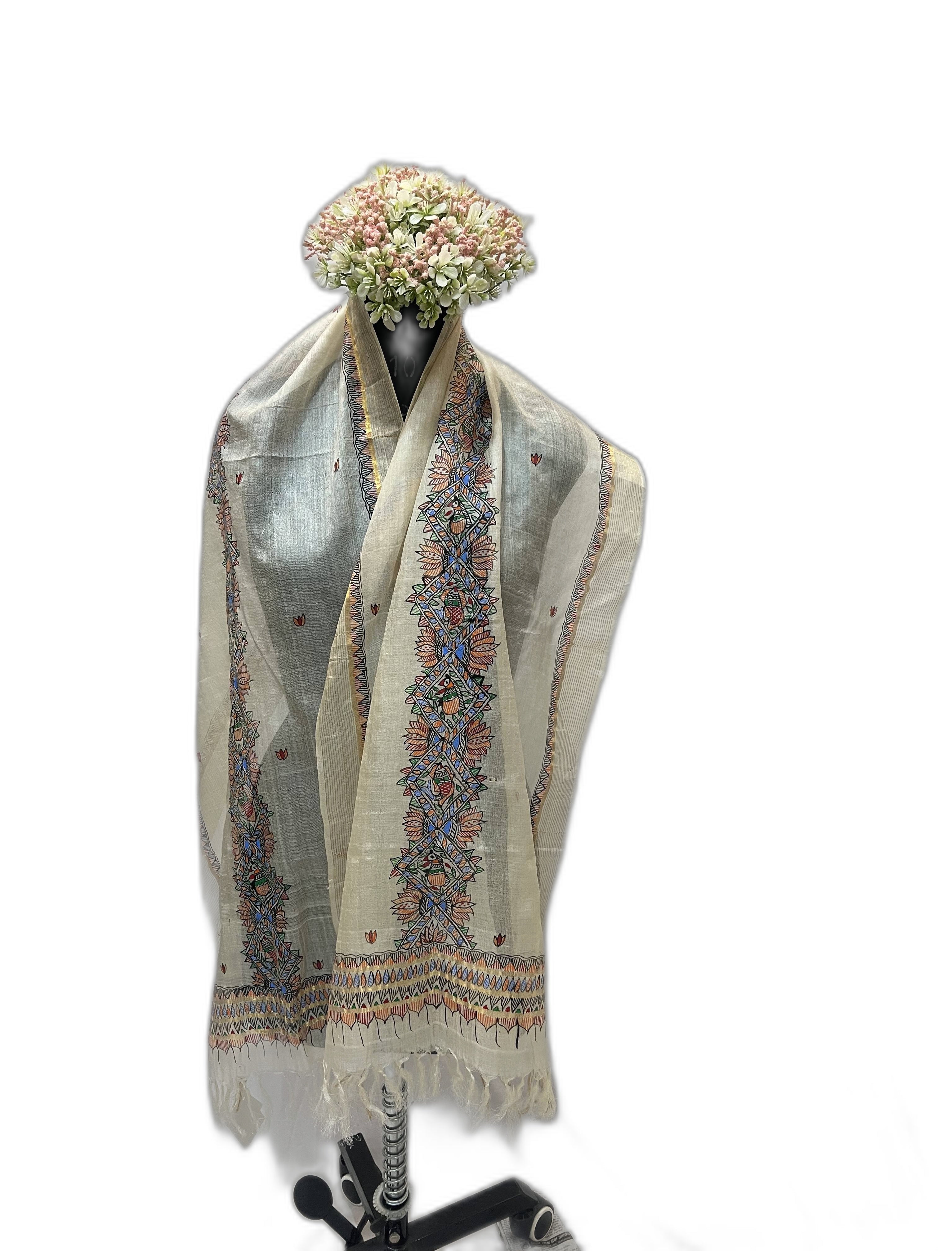 Tussar Silk Stole in Ivory with Zari Border and Handpainted Madhubani Motifs